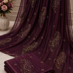 Plum Wine Saree with Hand-Beaded Golden Paisley Embroidery